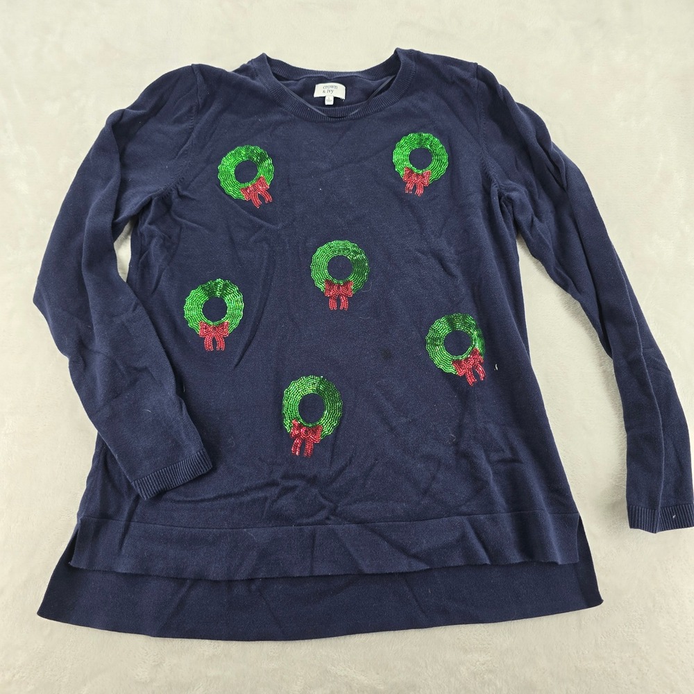 Crown & Ivy Womens Christmas Sweater L Blue Sequin Wreath Cotton